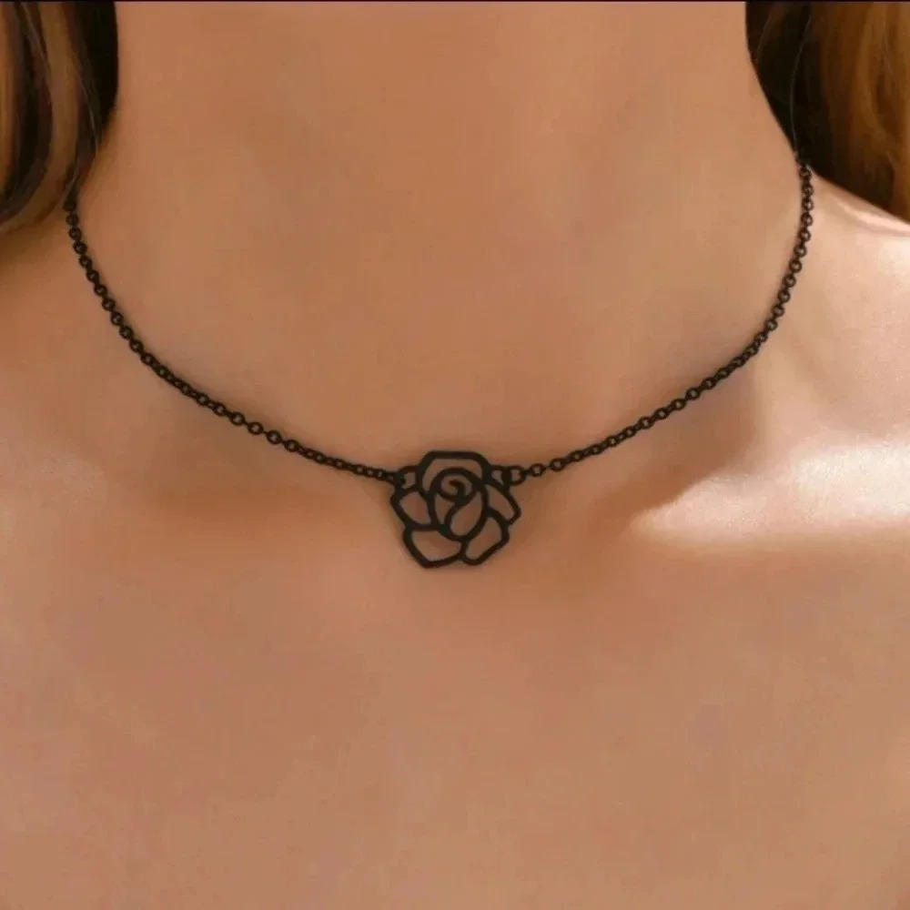 Black chain with black cutout rose pendant necklace casual floral flare gift